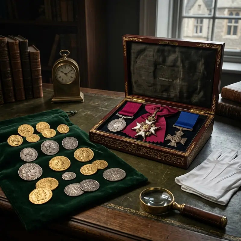 Collection of coins, medals, and a magnifying glass on a table with a window in the background.