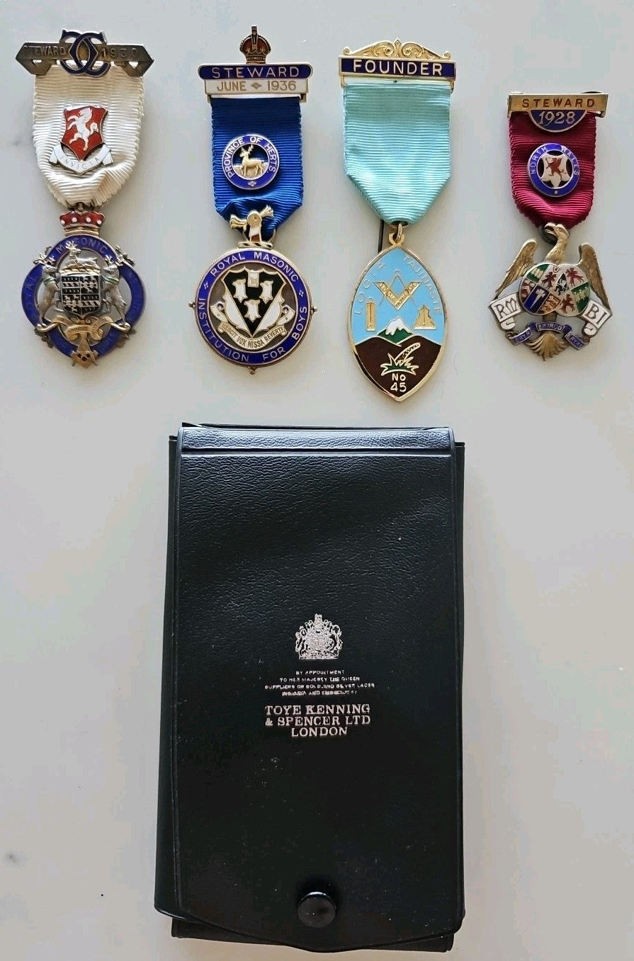Sterling Silver Masonic Jewels –Founder Lodge Tajinaste RMBI 1928, 96g x 4, Used