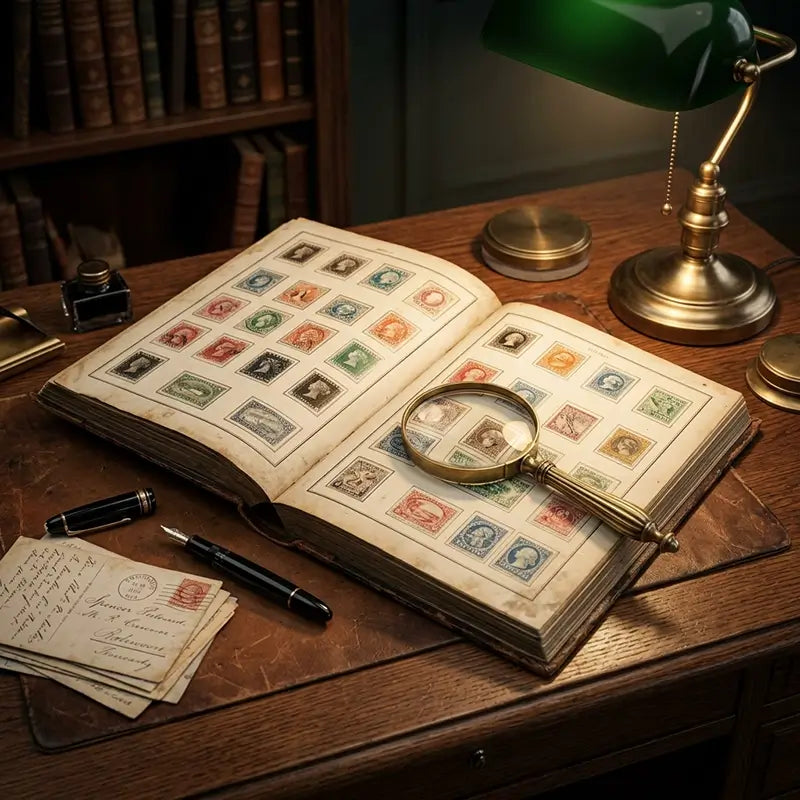 Open album with vintage stamps on a wooden desk with a magnifying glass and lamp.